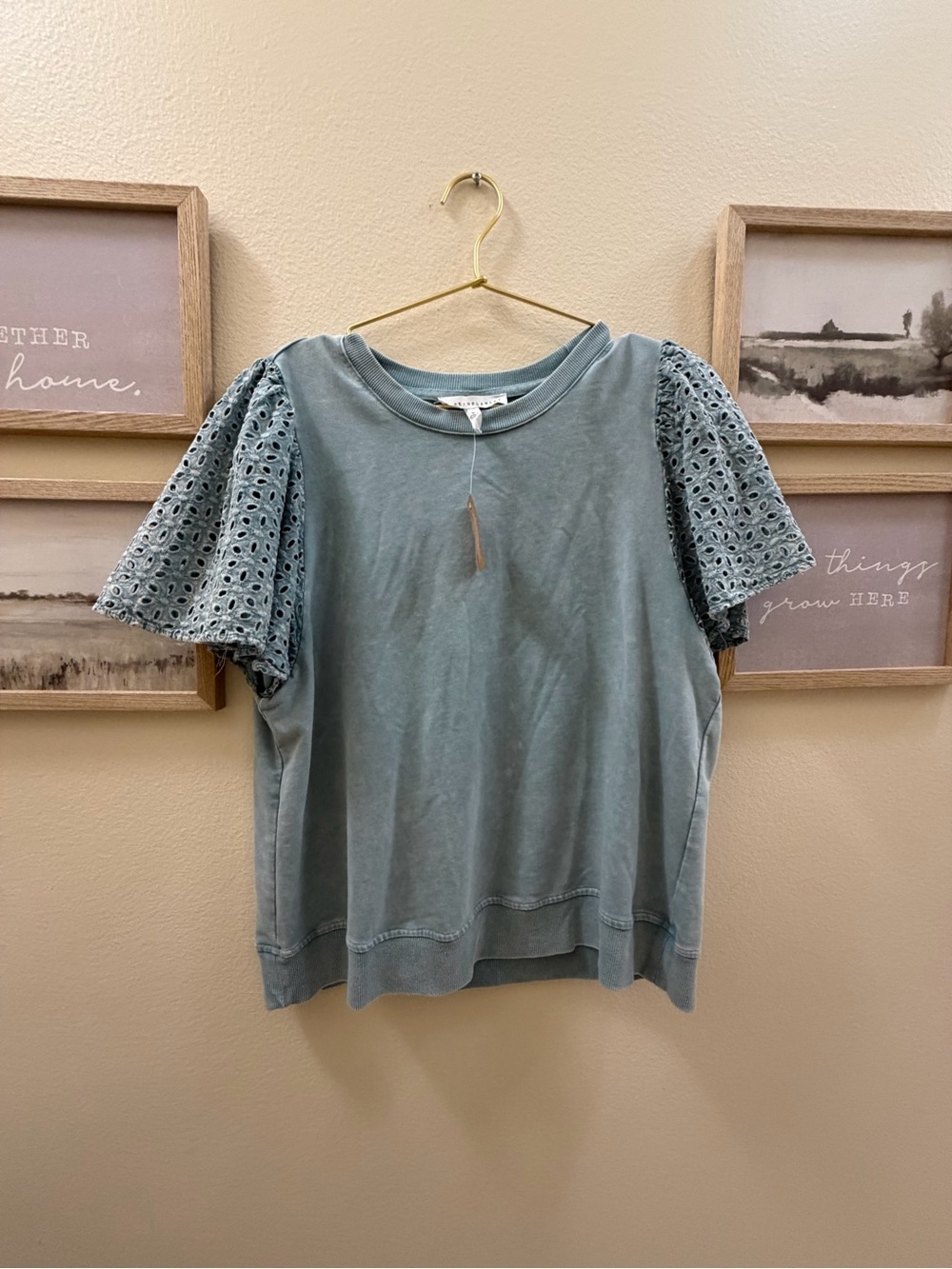 Jane and Delancey Sage Green Eyelet Sleeve Short Sleeve Tee